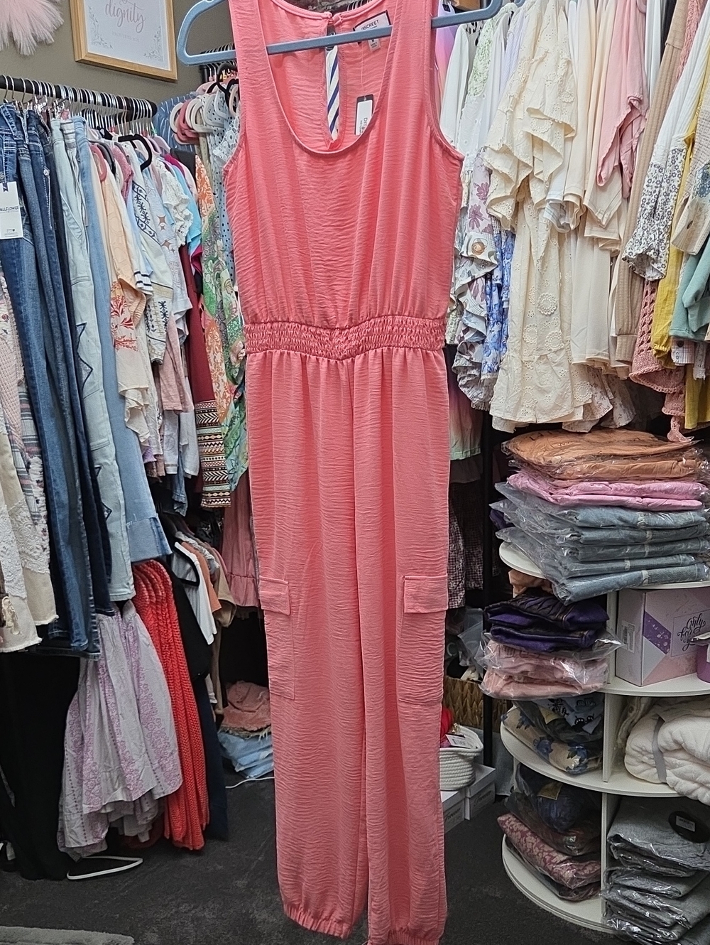 Sleeveless Coral Pink Jumpsuit  with Elastic Waist.